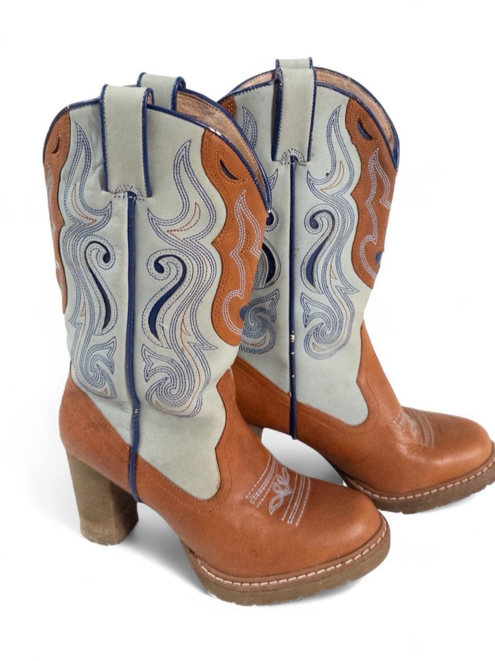 Roper Western Boots — Tan & Sage Blue Heart Detail Sz 6